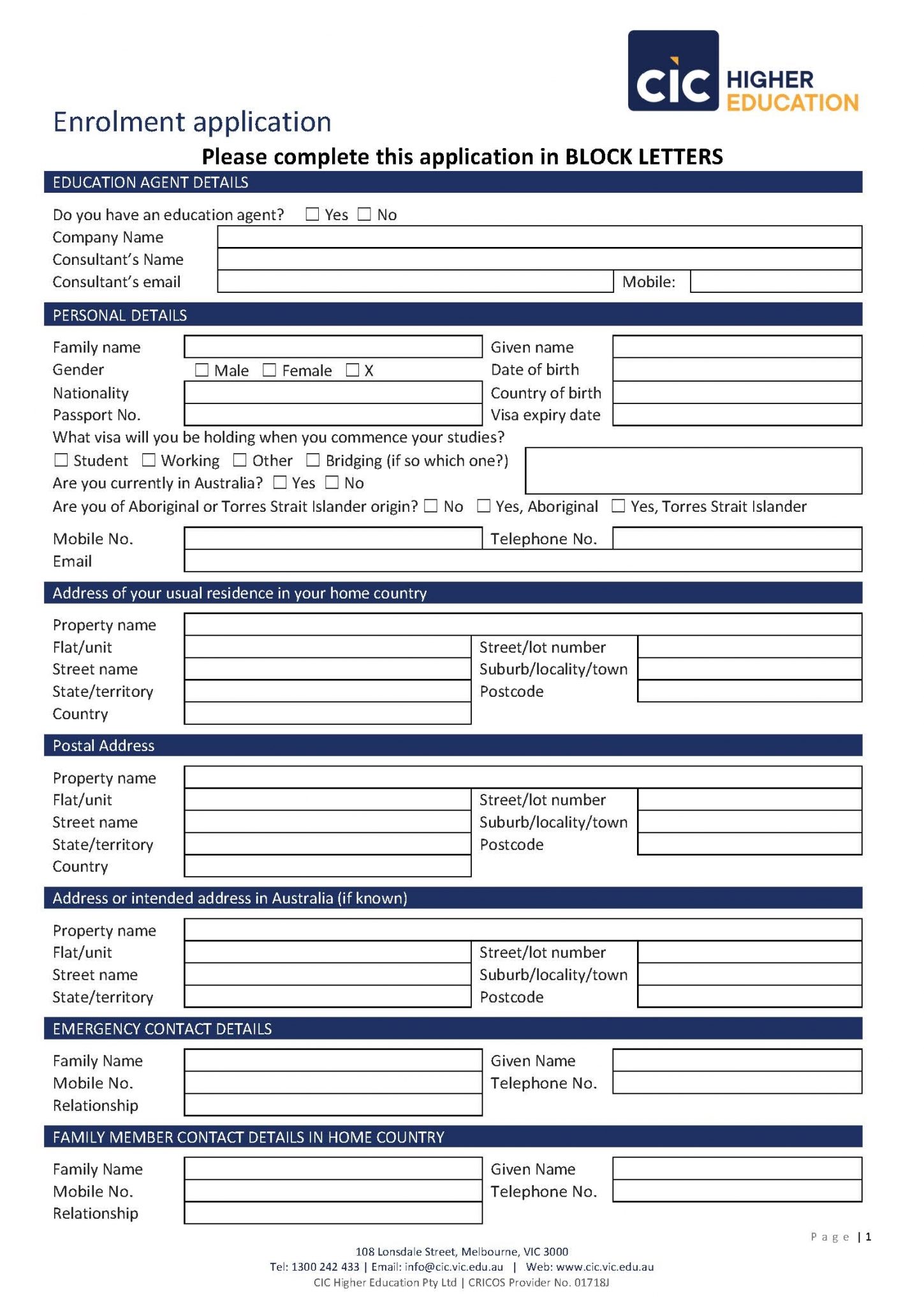 Enrolment Application Form CIC Higher Education