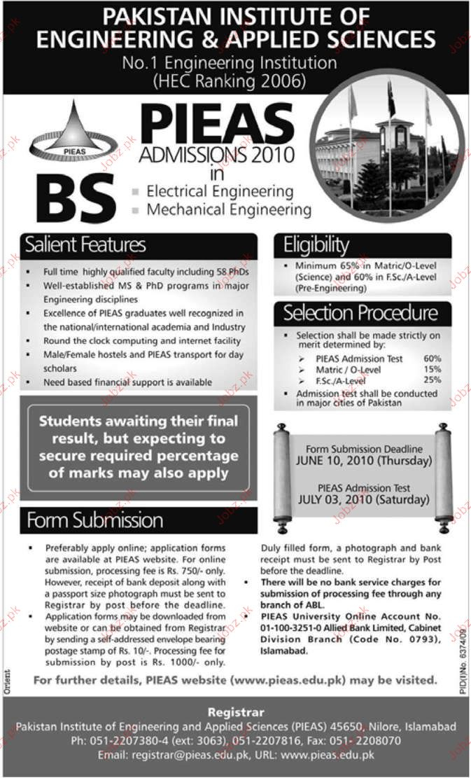 PIEAS Admission 2010 2020 Government Admissions University Islamabad PIEAS Admission 2010 2020 Government Admissions University Islamabad