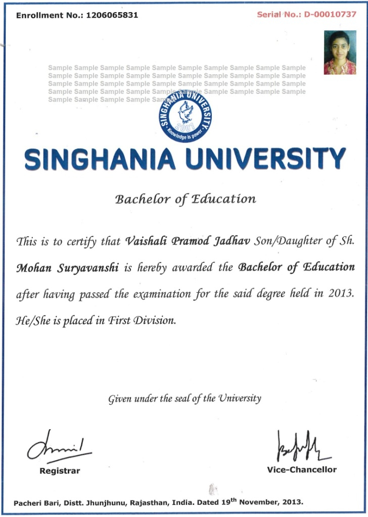 singhania university phd degree certificate